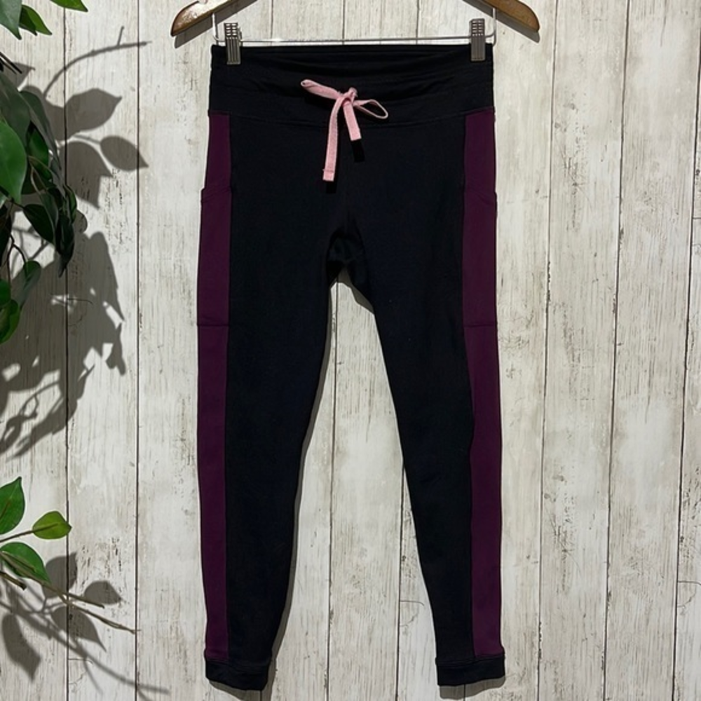 Fabletics Black Leggings with Plum Side Panels and Pink Drawcord